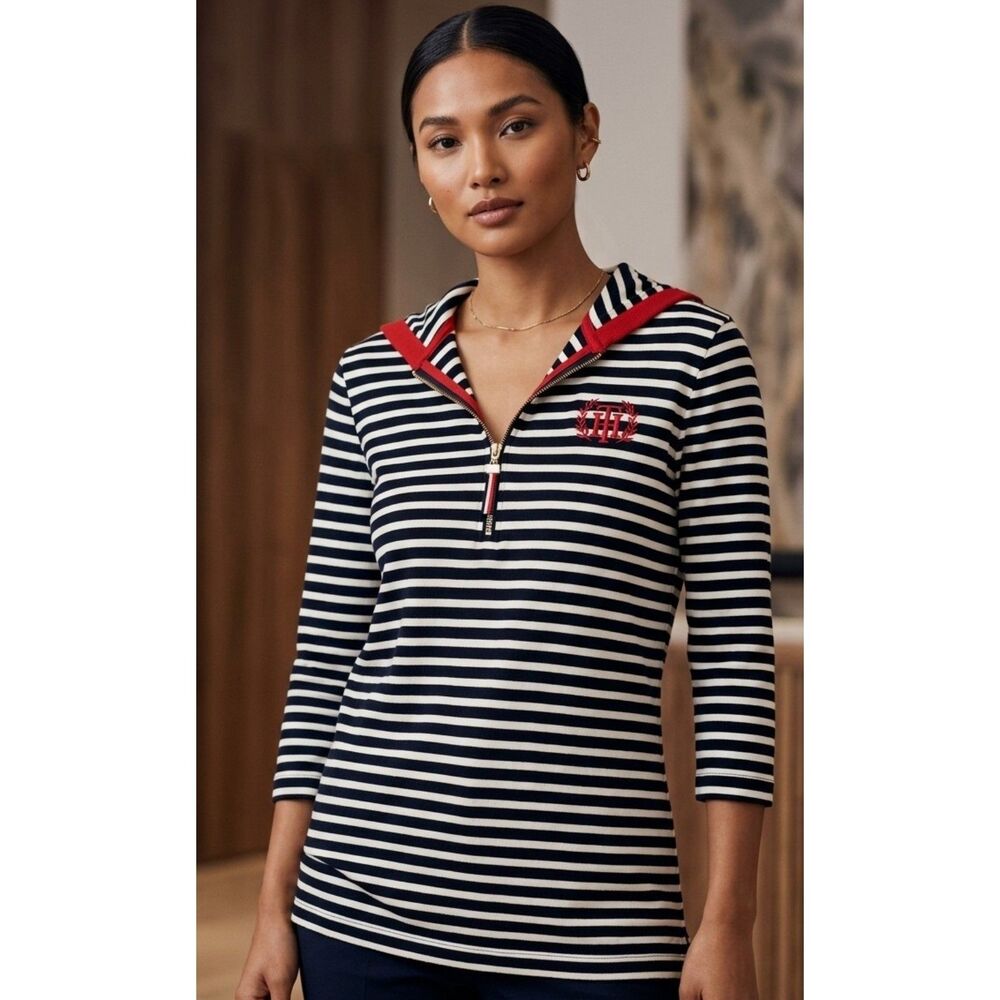 Tommy Hilfiger Striped Quarter-Zip Hooded Top - Size M